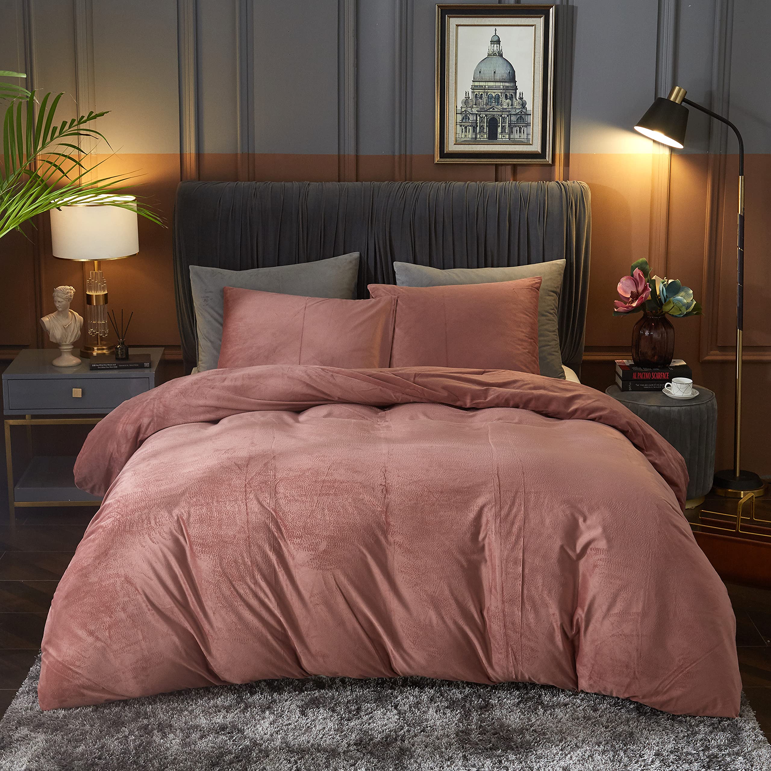Ivellow Velvet Duvet Cover Queen Size 3 Pcs Flannel Blush Pink Duvet Cover Queen Velvet Comforter Cover Bedding Set Ultra Soft C